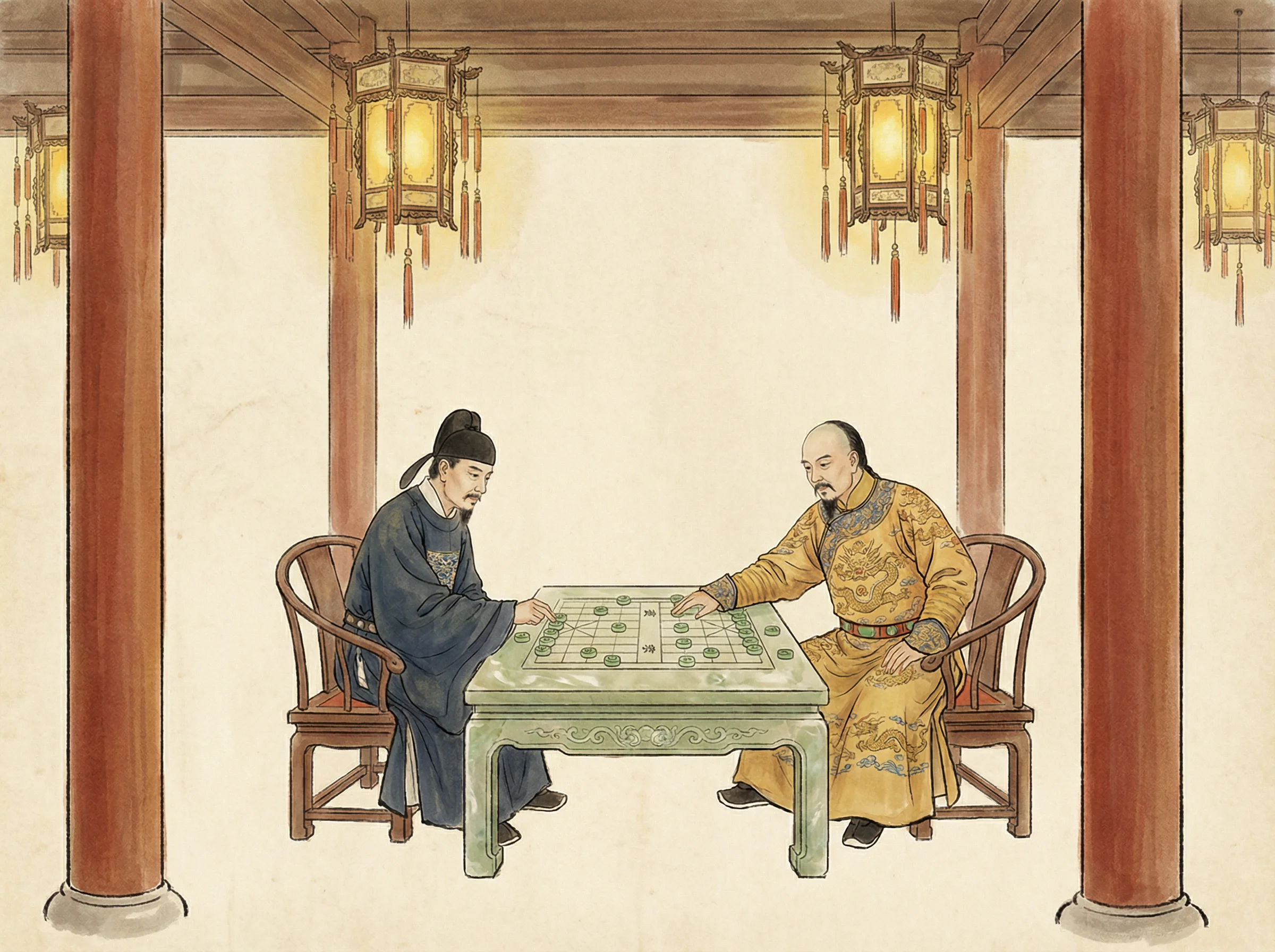 模拟皇帝与大臣在乾清宫御前对弈 pg麻将胡了 的场景